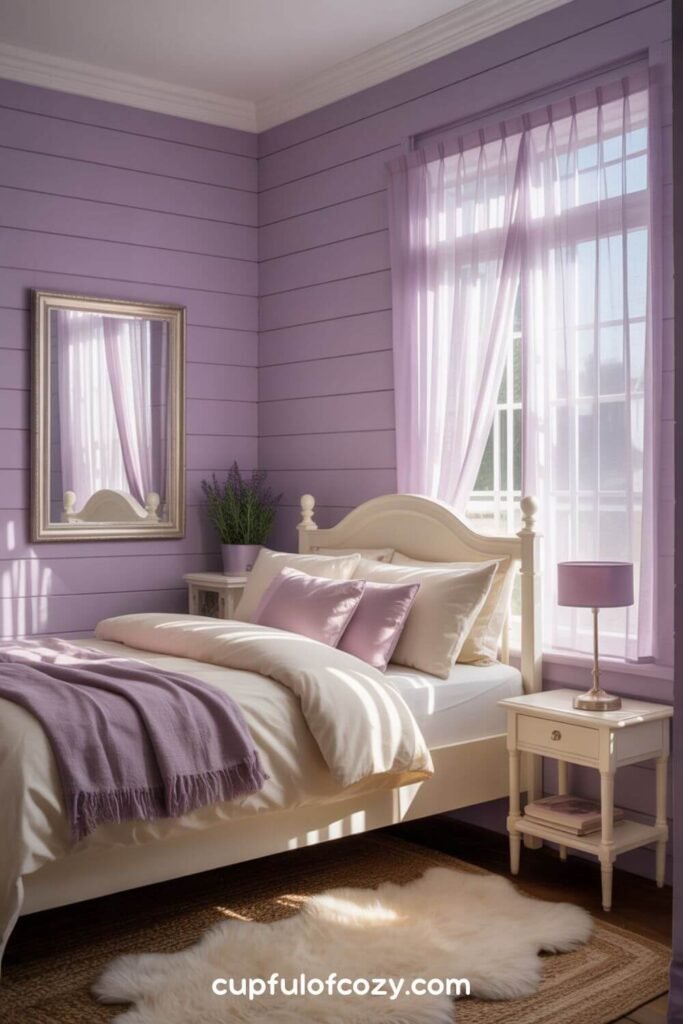Soft Lilac Walls With White Trim For Classic Elegance
