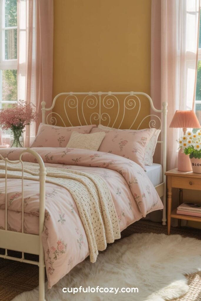 Sunshine Yellow Accent Wall with Floral Pink Bedding
