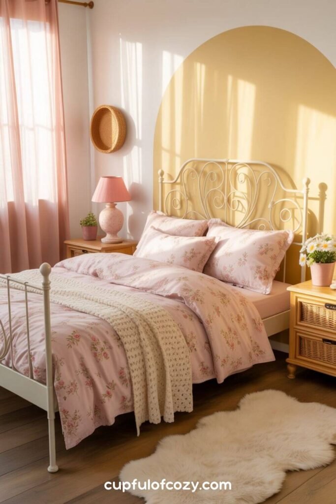 Sunshine Yellow Accent Wall with Floral Pink Bedding