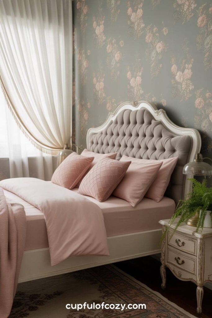 Textured Grey Headboard With Pink Linens (2)