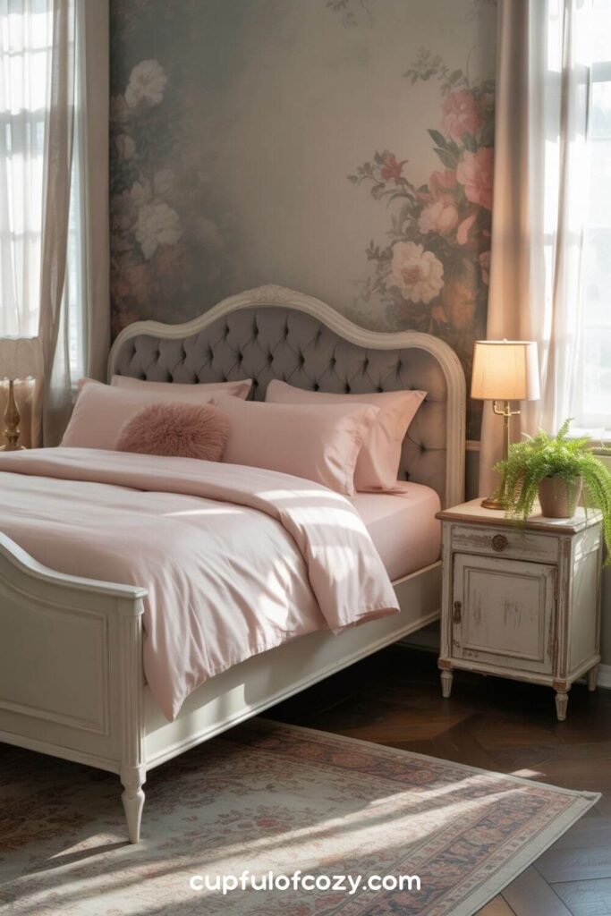 Textured Grey Headboard With Pink Linens
