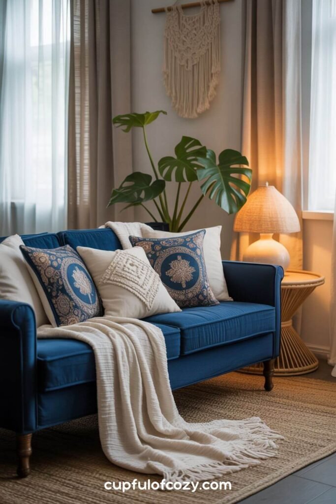 Thrifted Navy Blue Sofa Navy Boho Living Room