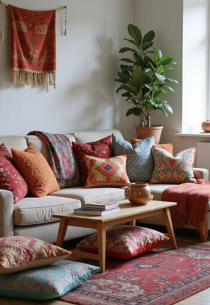 20 Boho Modern Living Room Inspirations That Add Warmth to Your Home! - 16. Pillows and Throws Galore