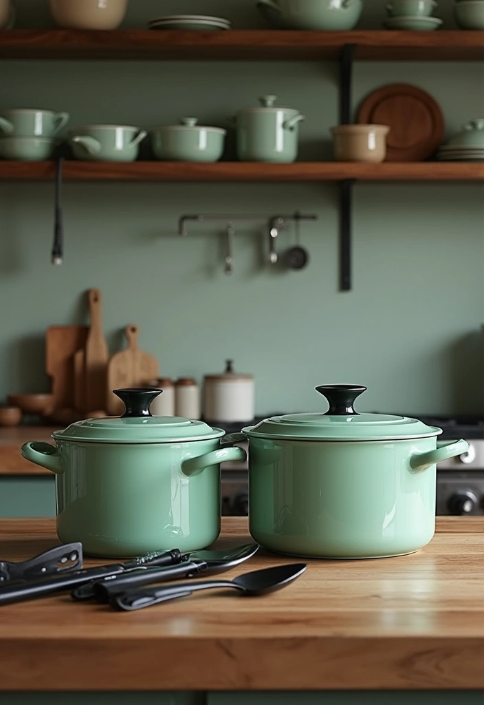 20 Unique Sage Green and Black Kitchen Ideas That Will Make You Fall in Love with Cooking Again! - 13. Sage Green Pot Accessories
