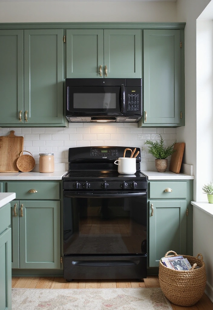 20 Unique Sage Green and Black Kitchen Ideas That Will Make You Fall in Love with Cooking Again! - 4. Black Appliances with Sage Green Cabinetry