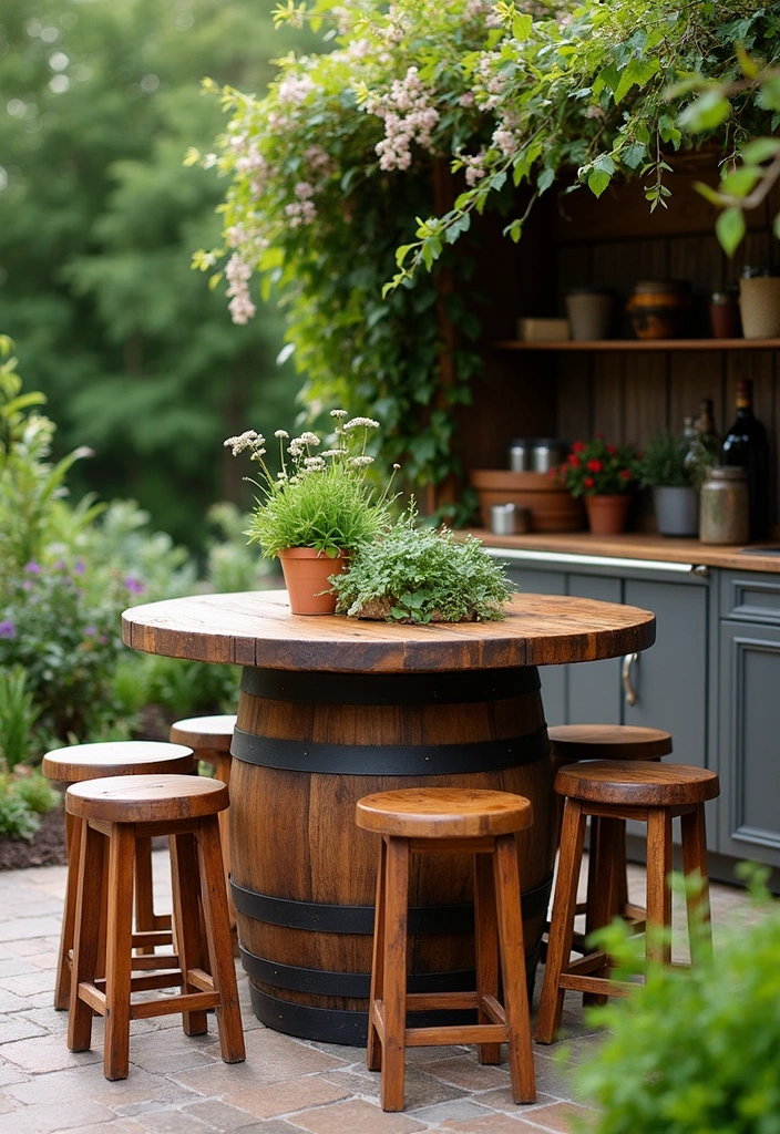 20 Creative and Cheap Outdoor Kitchen Ideas That Will Impress Your Guests! - 2. Repurposed Wine Barrel Table