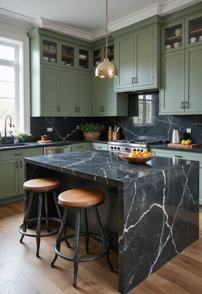 20 Unique Sage Green and Black Kitchen Ideas That Will Make You Fall in Love with Cooking Again! - 2. Black Marble Countertops