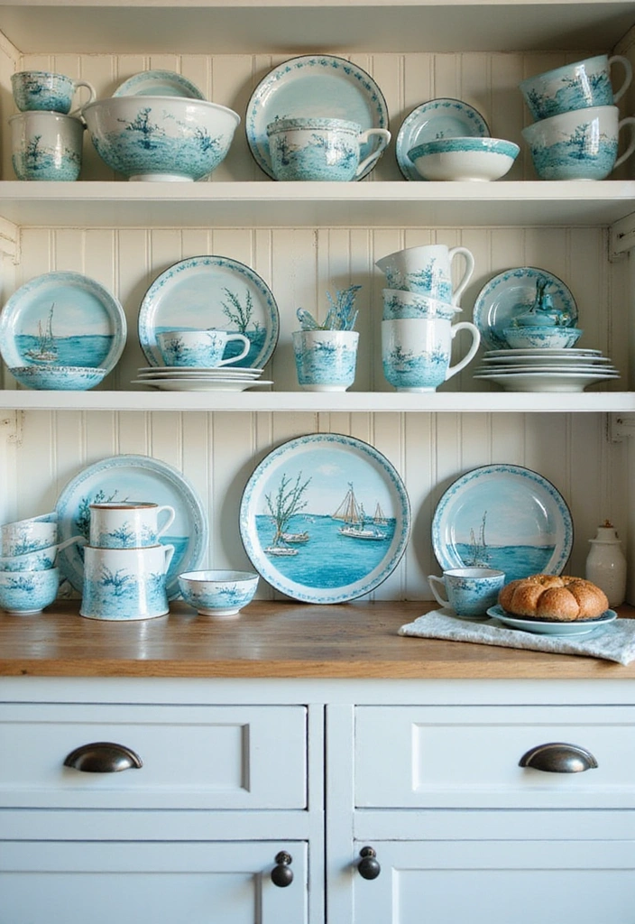 20 Gorgeous White and Blue Coastal Kitchen Ideas Perfect for a Beachy Atmosphere! - 12. Beach-Themed Dinnerware