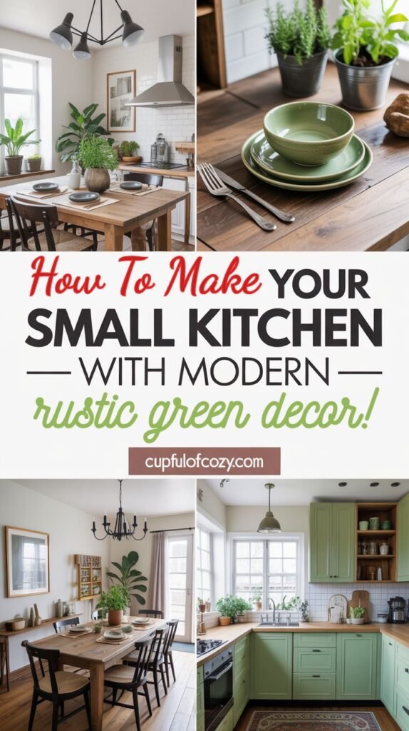 small kitchen with rustic green decor