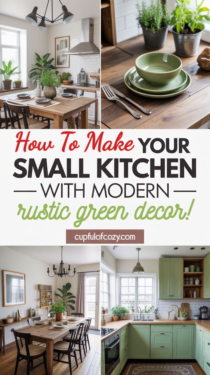 small kitchen with rustic green decor