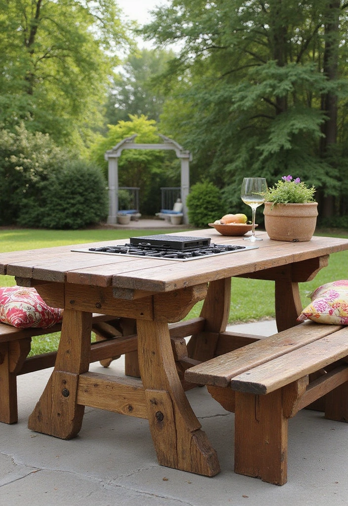 18 Dreamy Outdoor Kitchen Islands Perfect for Summer Gatherings (You Must See #16!) - 15. Vintage Picnic Table Island