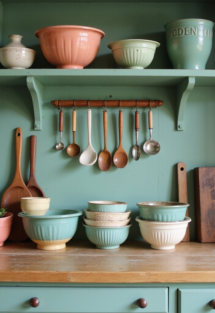 20 Vintage Sage Green Kitchen Ideas That Embody Timeless Charm! - 17. Vintage Mixing Bowls and Utensils