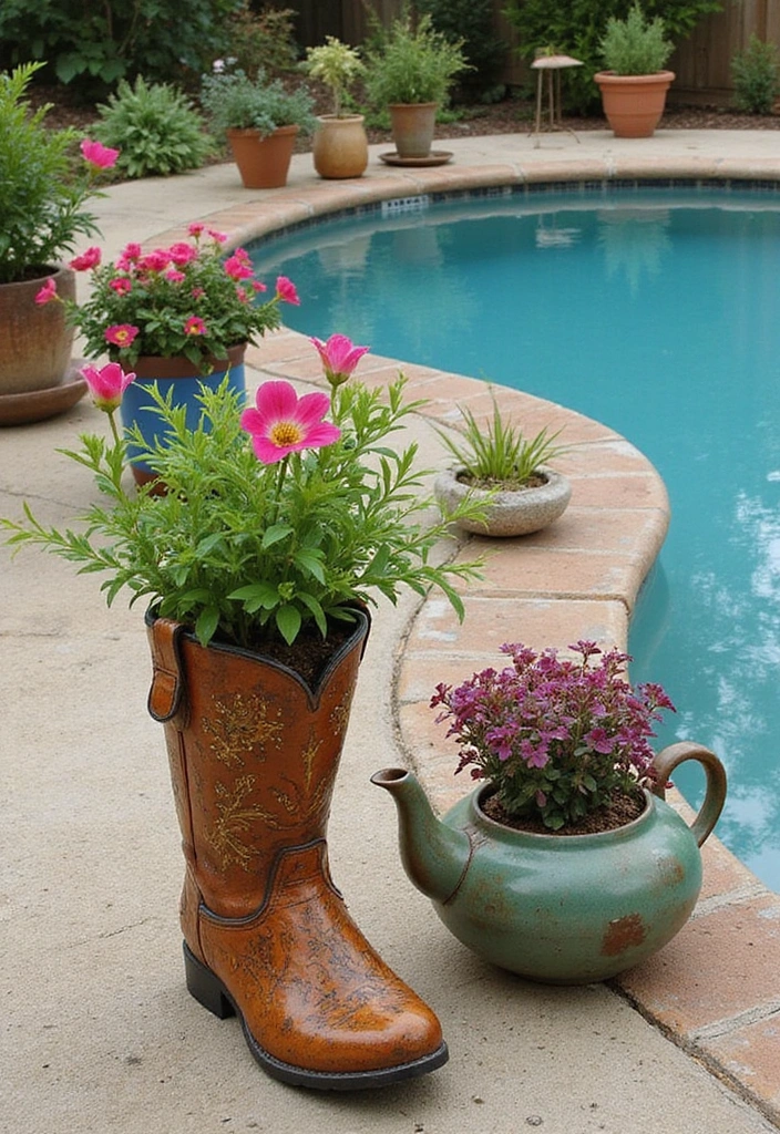 27 Budget-Friendly Backyard Pool & Patio Ideas That Will Transform Your Summer! - 23. DIY Repurposed Planters