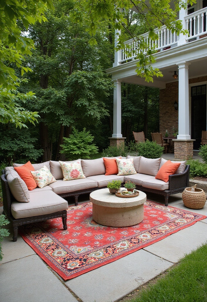 20 Creative Large Backyard Layouts That Will Make You Want to Host Every Weekend! - 18. Colorful Outdoor Rugs