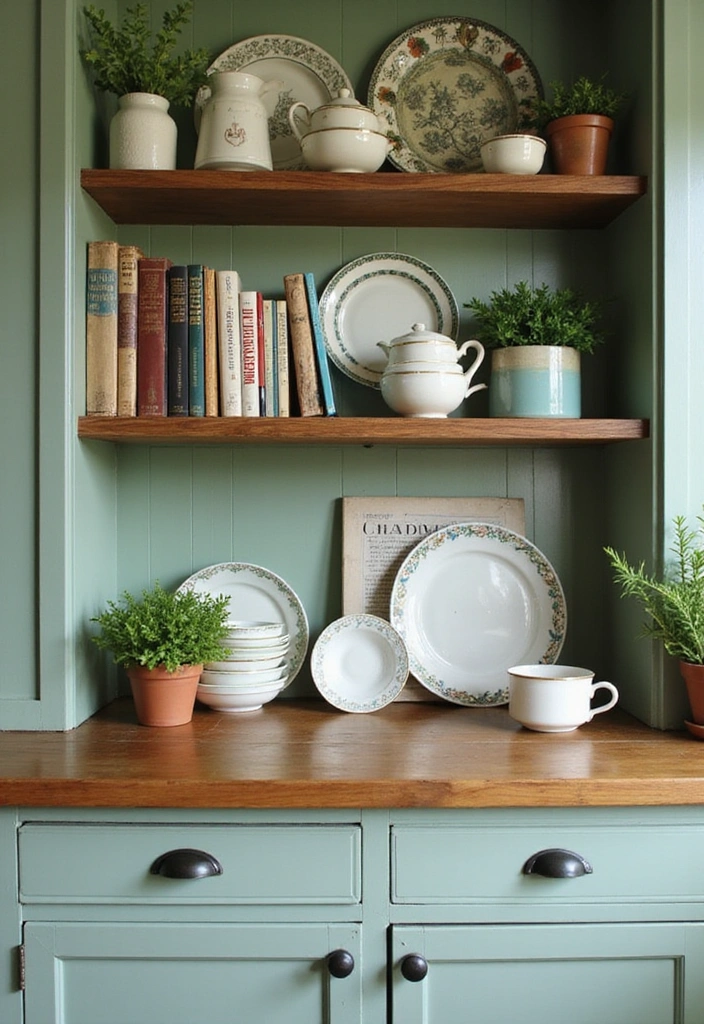 20 Vintage Sage Green Kitchen Ideas That Embody Timeless Charm! - 7. Open Shelving Displays