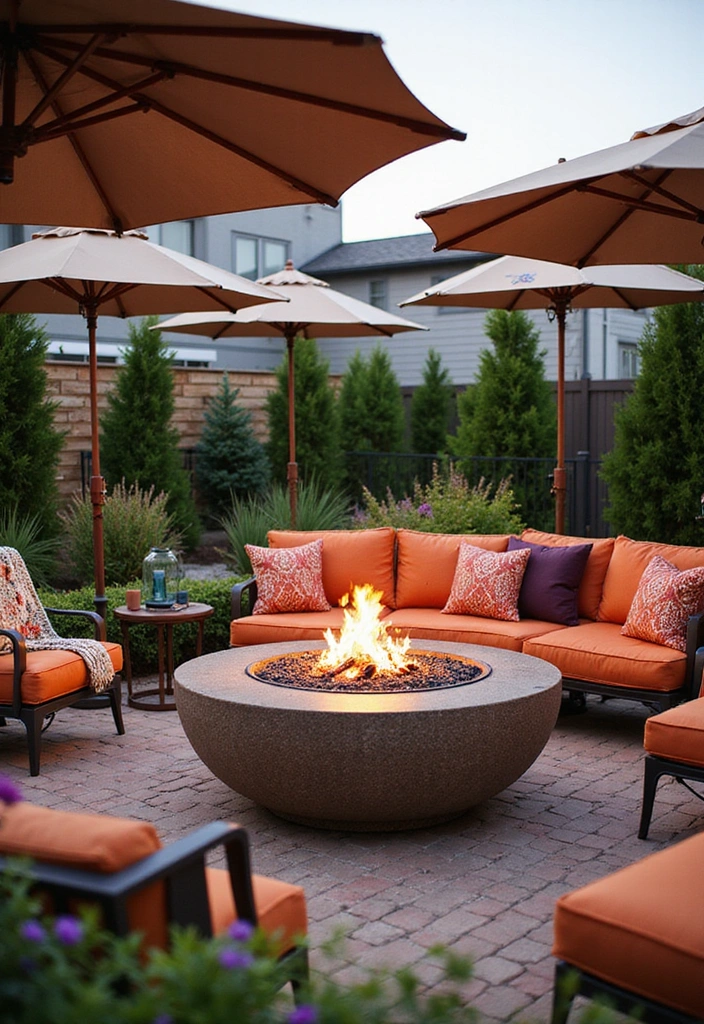 20 Cozy Outdoor Fire Pit Seating Area Ideas That Will Make You Want to Live Outside! - 6. Chic Umbrella Lounge Fire Pit