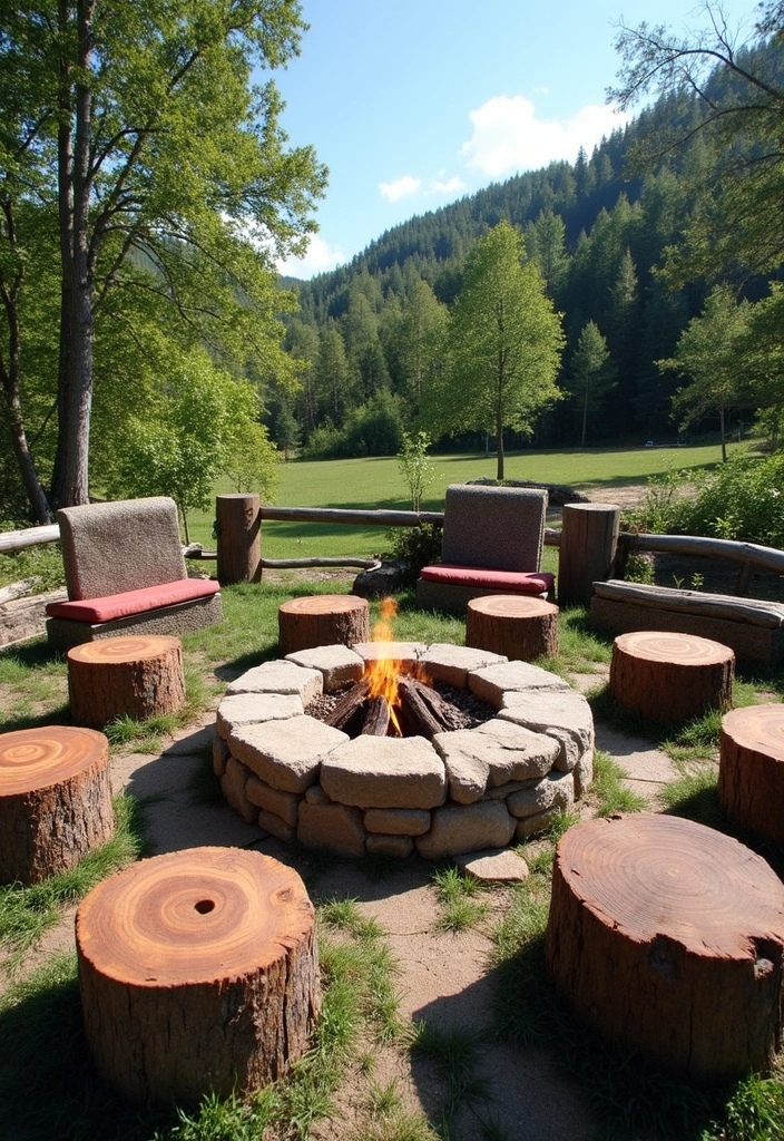 20 Cozy Outdoor Fire Pit Seating Area Ideas That Will Make You Want to Live Outside! - 1. Rustic Stone Fire Pit with Log Seating