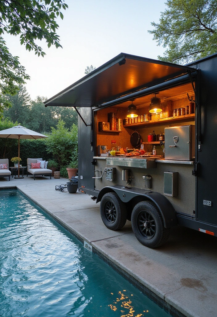 16 Genius Small Outdoor Kitchen Ideas for Pool Areas That Maximize Fun! - 10. Mobile BBQ Trailer