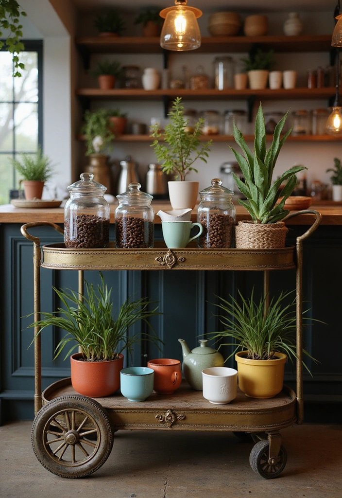 22 Boho Coffee Bar Decor Ideas to Create Your Own Cozy Café at Home! - 1. Vintage-Inspired Bar Cart