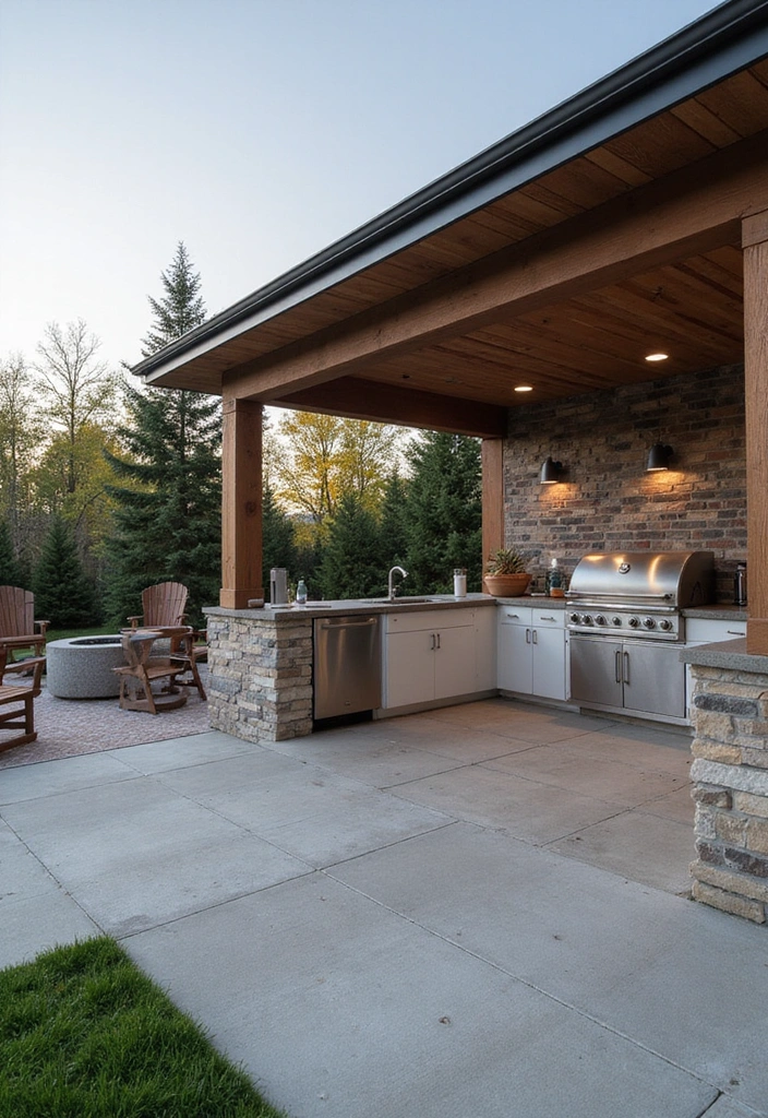 20 Outdoor Kitchen Deck Ideas That Will Wow Your Guests at Every Gathering! - 2. Modern Concrete Kitchen with Fire Pit