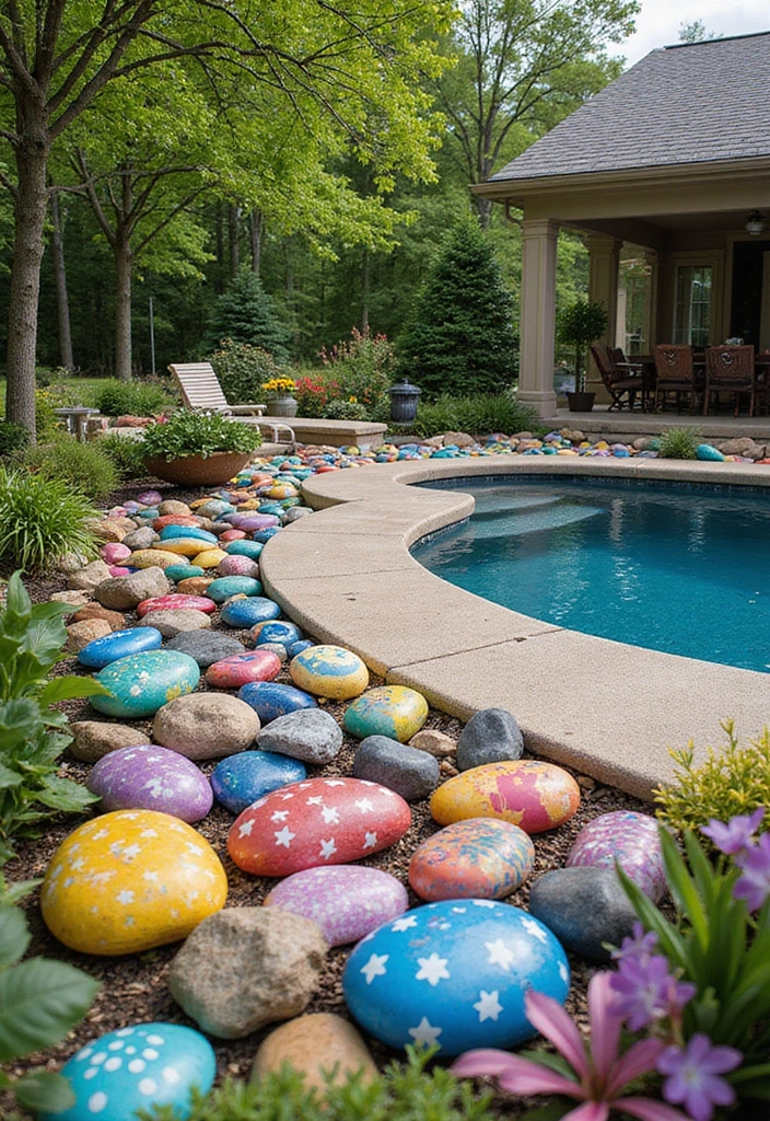 27 Budget-Friendly Backyard Pool & Patio Ideas That Will Transform Your Summer! - 21. Fun Painted Rocks