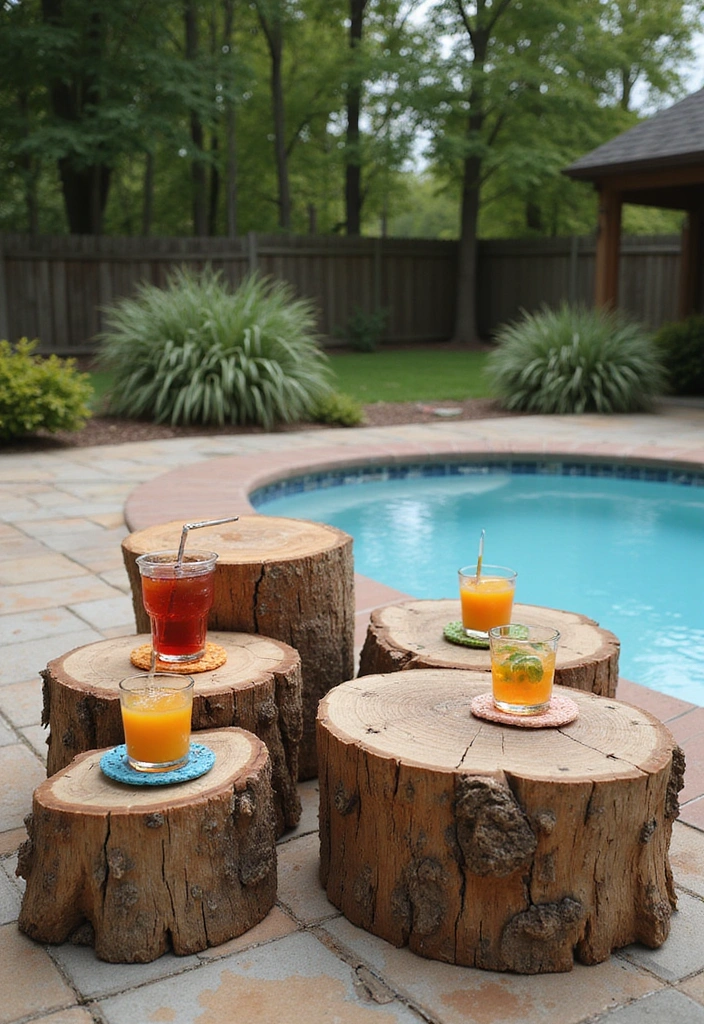 27 Budget-Friendly Backyard Pool & Patio Ideas That Will Transform Your Summer! - 14. Side Tables from Stumps
