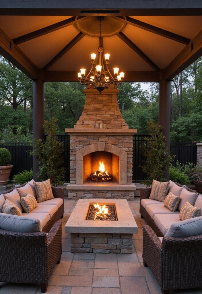 18 Small Outdoor Covered Patios with Fireplaces Perfect for Cozy Gatherings! - 16. Elegant Canopy with a Fire Feature