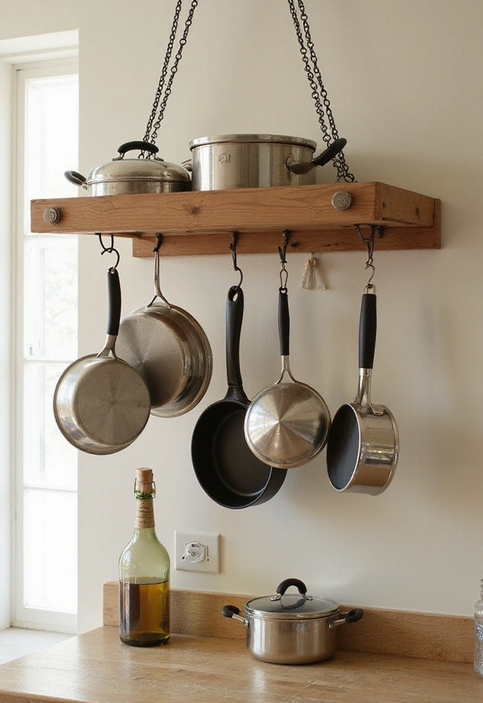 20 Budget-Friendly Kitchen Counter Corner Decor Ideas You Can DIY! - 17. Fun DIY Pot Rack