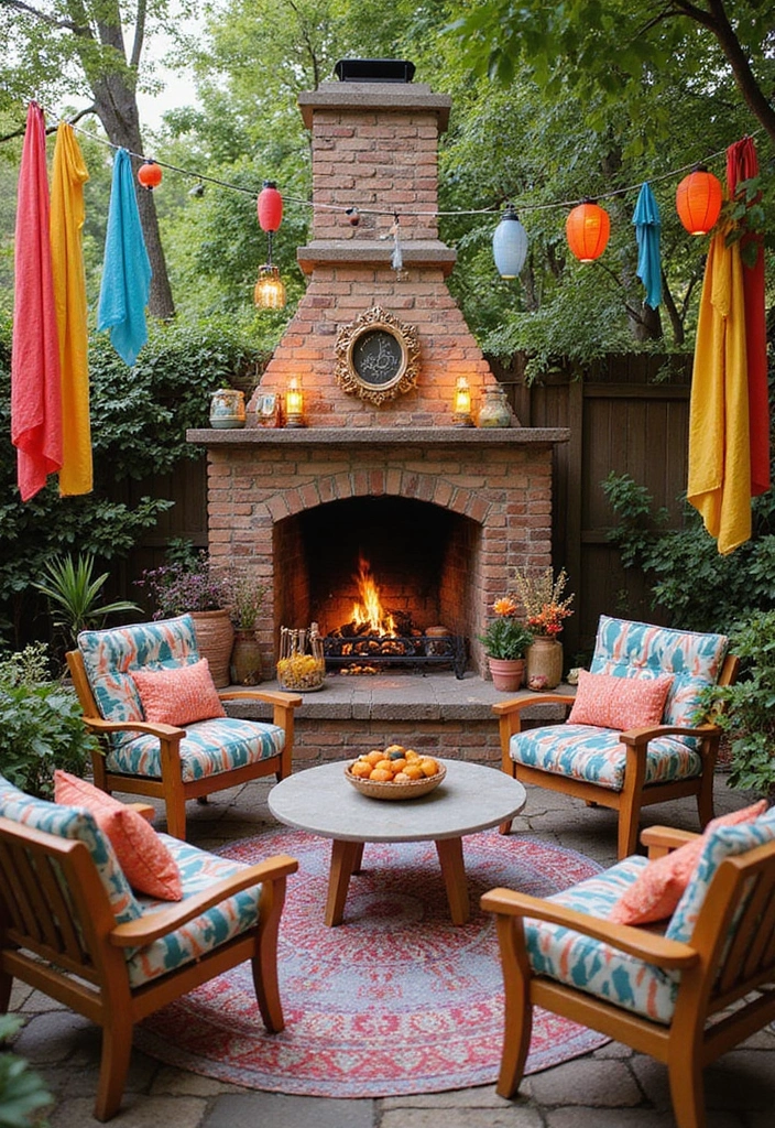 18 Small Outdoor Covered Patios with Fireplaces Perfect for Cozy Gatherings! - 12. Whimsical Wonderland with Colorful Fabrics