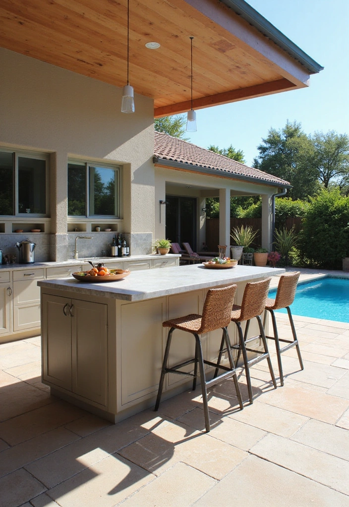 16 Genius Small Outdoor Kitchen Ideas for Pool Areas That Maximize Fun! - 3. Multi-functional Island Counter