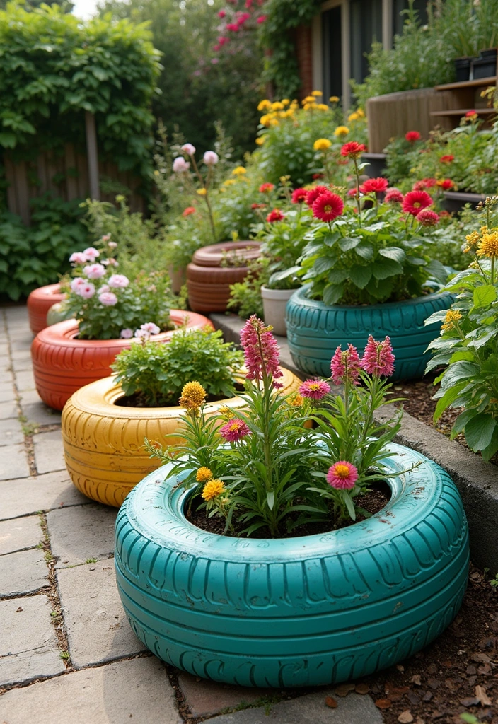 22 Rustic Sloped Backyard Landscaping Ideas on a Budget You Can't Miss! - 15. Old Tire Gardens