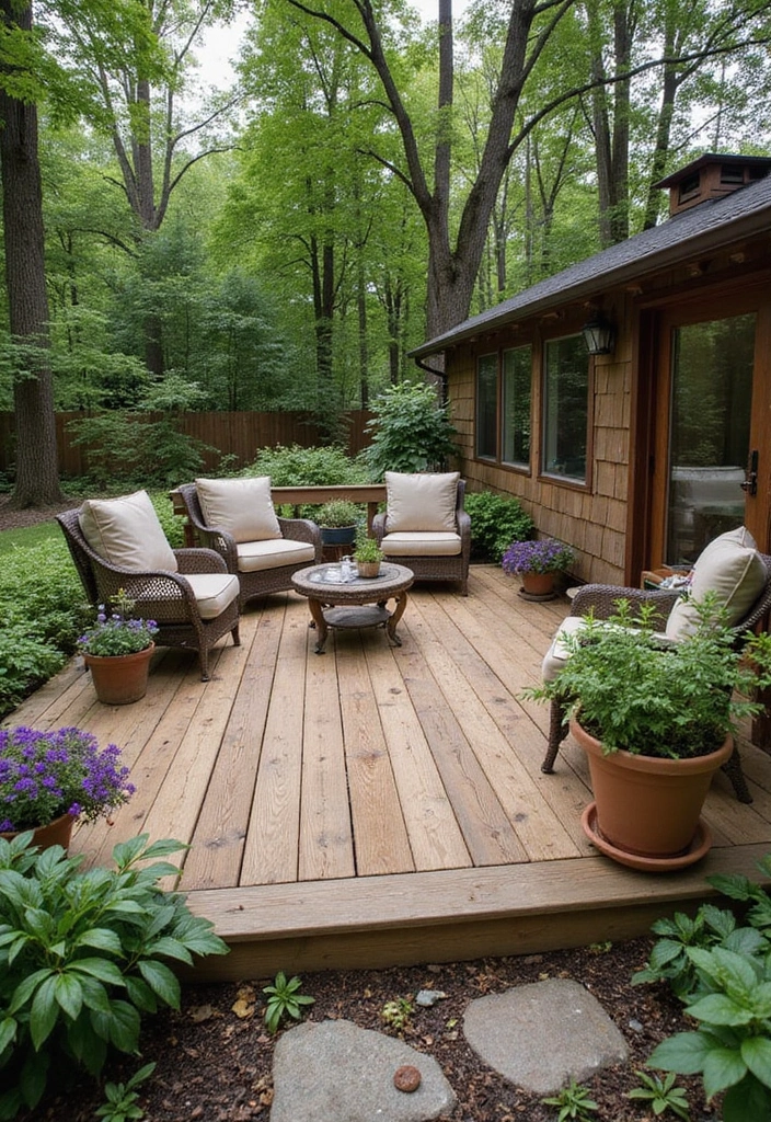 15 Nature-Inspired Wooded Backyard Landscape Designs You’ll Want to Copy ASAP! - 5. Rustic Wooden Decking
