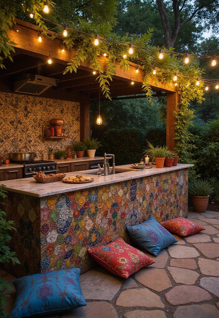 18 Dreamy Outdoor Kitchen Islands Perfect for Summer Gatherings (You Must See #16!) - 16. Colorful Bohemian Island
