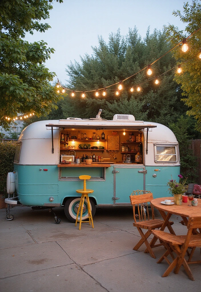 18 Dreamy Outdoor Kitchen Islands Perfect for Summer Gatherings (You Must See #16!) - 11. Vintage Travel Trailer Island
