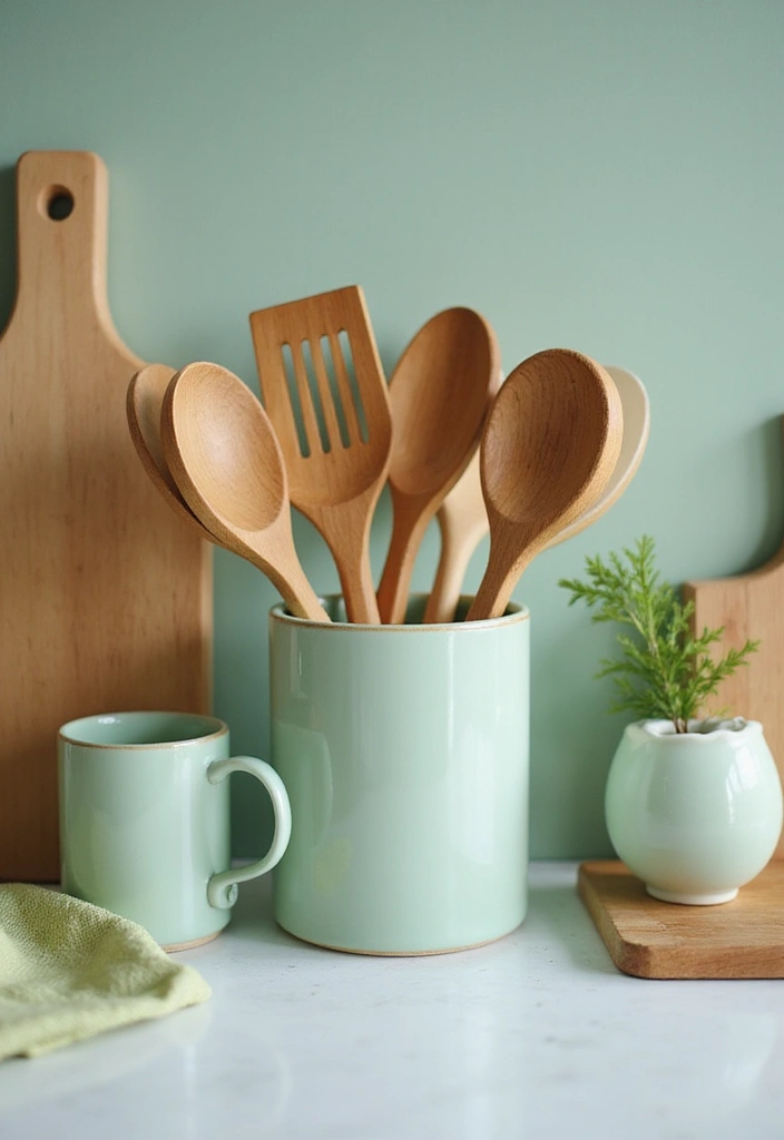 11 Eco-Friendly Light Green European Kitchen Decor Hacks That Are Beautiful and Sustainable! - 13. Wooden Utensils for a Natural Feel