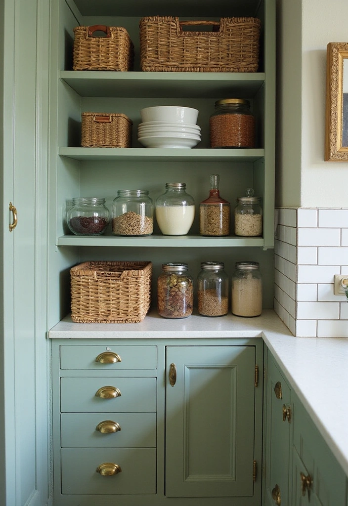 20 Vintage Sage Green Kitchen Ideas That Embody Timeless Charm! - 19. Vintage Pantry Storage
