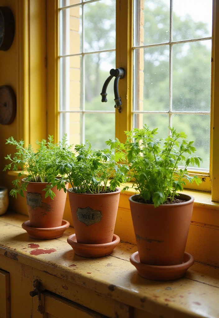 12 Vintage Yellow Farmhouse Kitchen Ideas That Will Brighten Your Home! - 16. Vintage Herb Planters