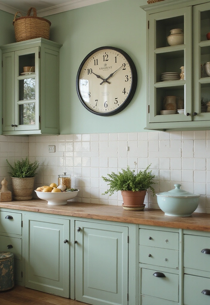 20 Vintage Sage Green Kitchen Ideas That Embody Timeless Charm! - 18. Vintage Clock
