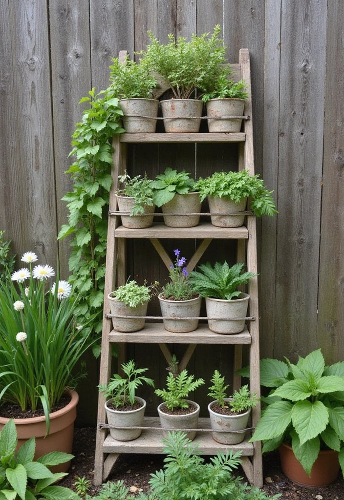 20 Whimsical Cottagecore Backyard Ideas That'll Make You Want to Live Outside! - 16. Vintage Ladder Plant Stand