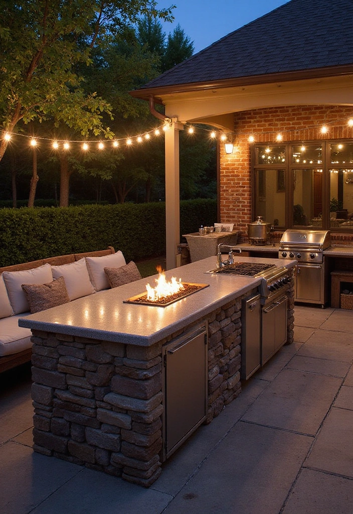 18 Dreamy Outdoor Kitchen Islands Perfect for Summer Gatherings (You Must See #16!) - 10. Built-in Fire Pit Island