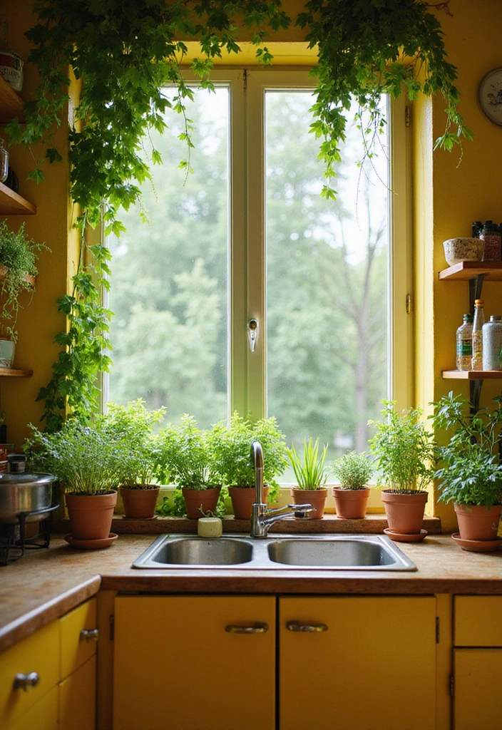 12 Vintage Yellow Farmhouse Kitchen Ideas That Will Brighten Your Home! - 9. Fresh Greenery