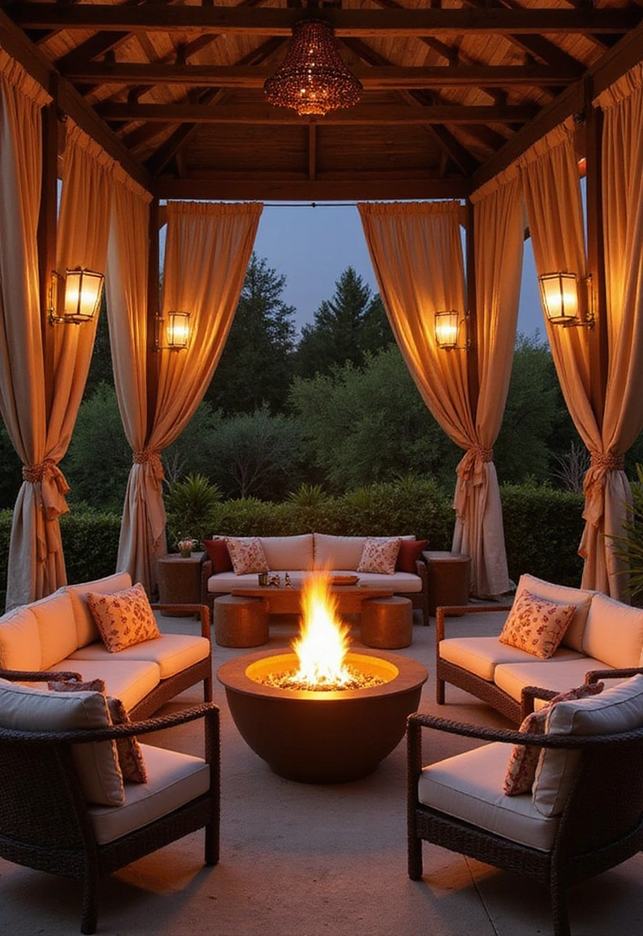 20 Cozy Outdoor Fire Pit Seating Area Ideas That Will Make You Want to Live Outside! - 16. Open-Air Cabana Fire Pit Area