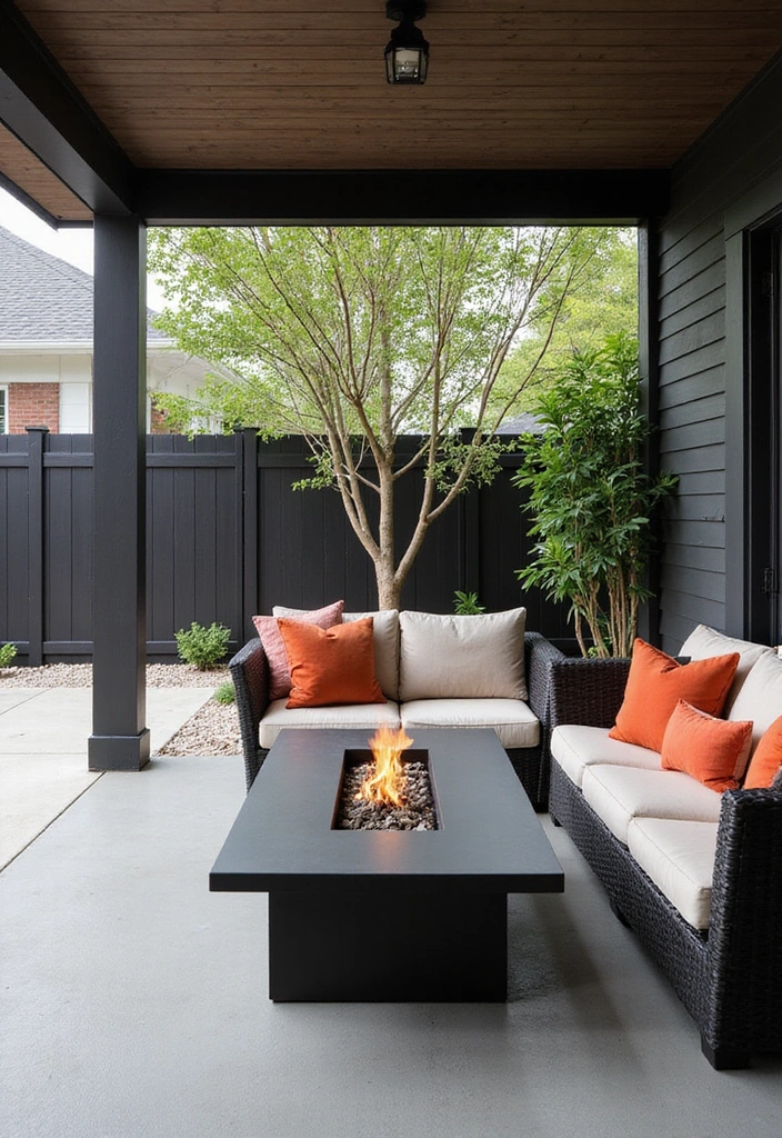 18 Small Outdoor Covered Patios with Fireplaces Perfect for Cozy Gatherings! - 2. Modern Minimalism with a Sleek Fire Table