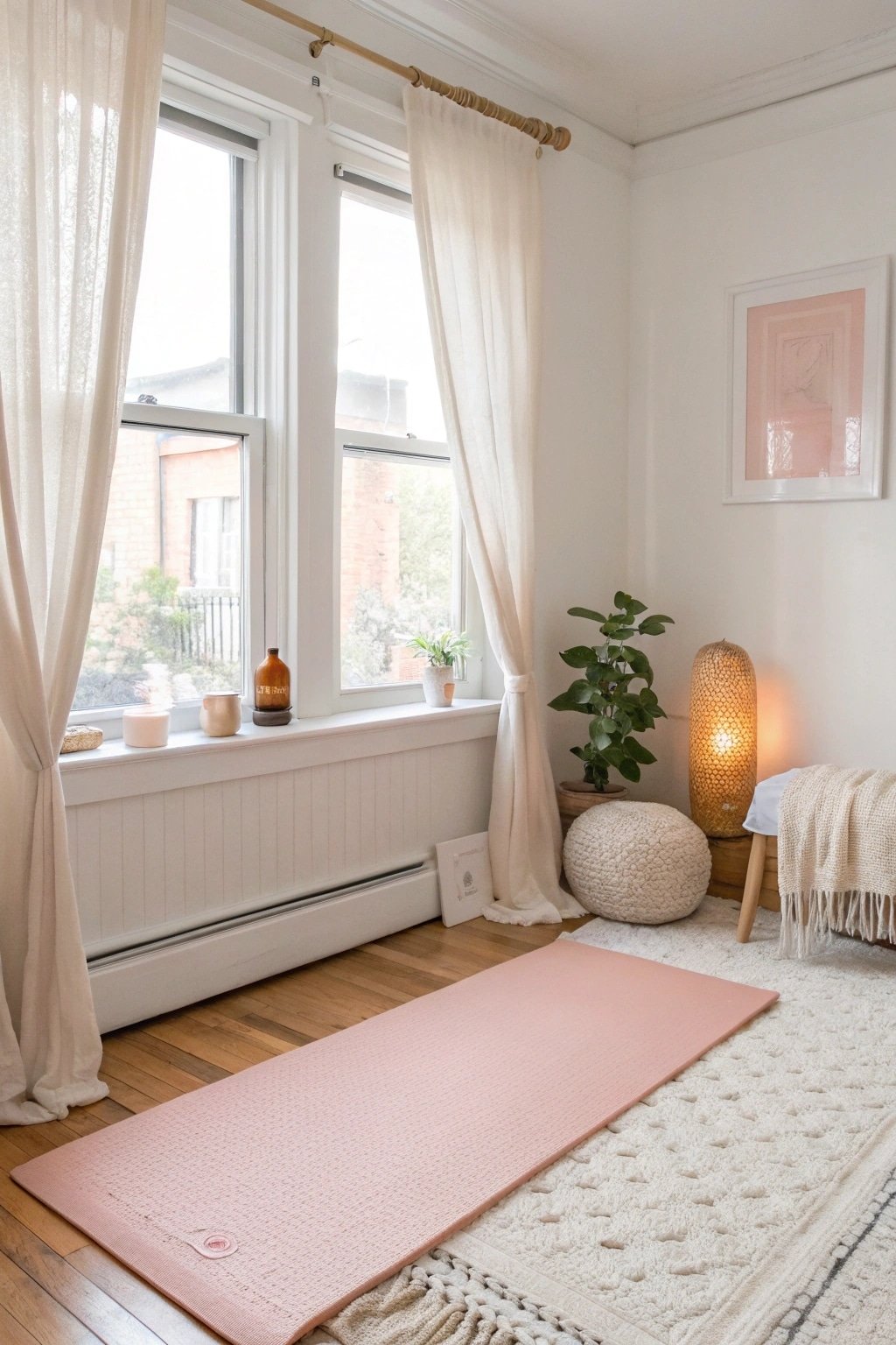 A transitional small apartment living room with a blush pink and ivory palette,
