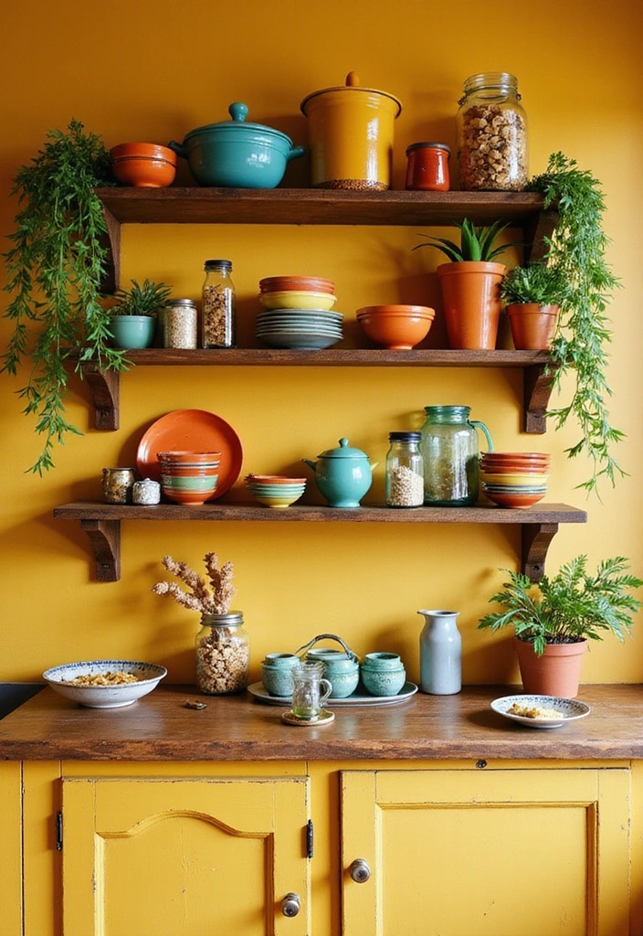 12 Vintage Yellow Farmhouse Kitchen Ideas That Will Brighten Your Home! - 5. Open Shelving with Vintage Finds