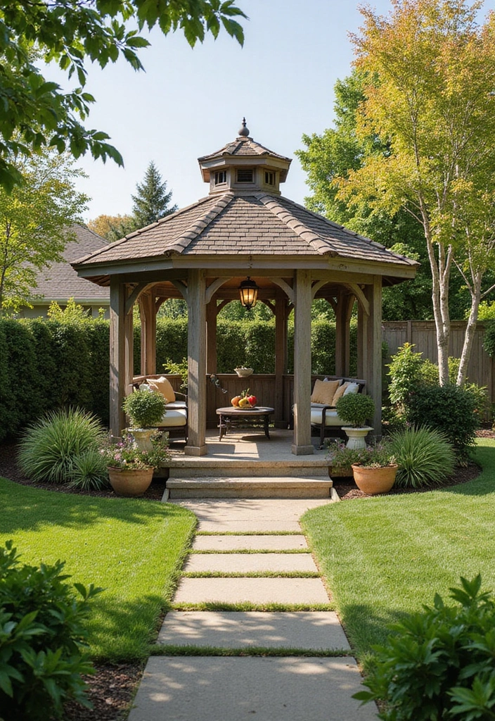 20 Creative Large Backyard Layouts That Will Make You Want to Host Every Weekend! - 16. Charming Gazebo Retreat