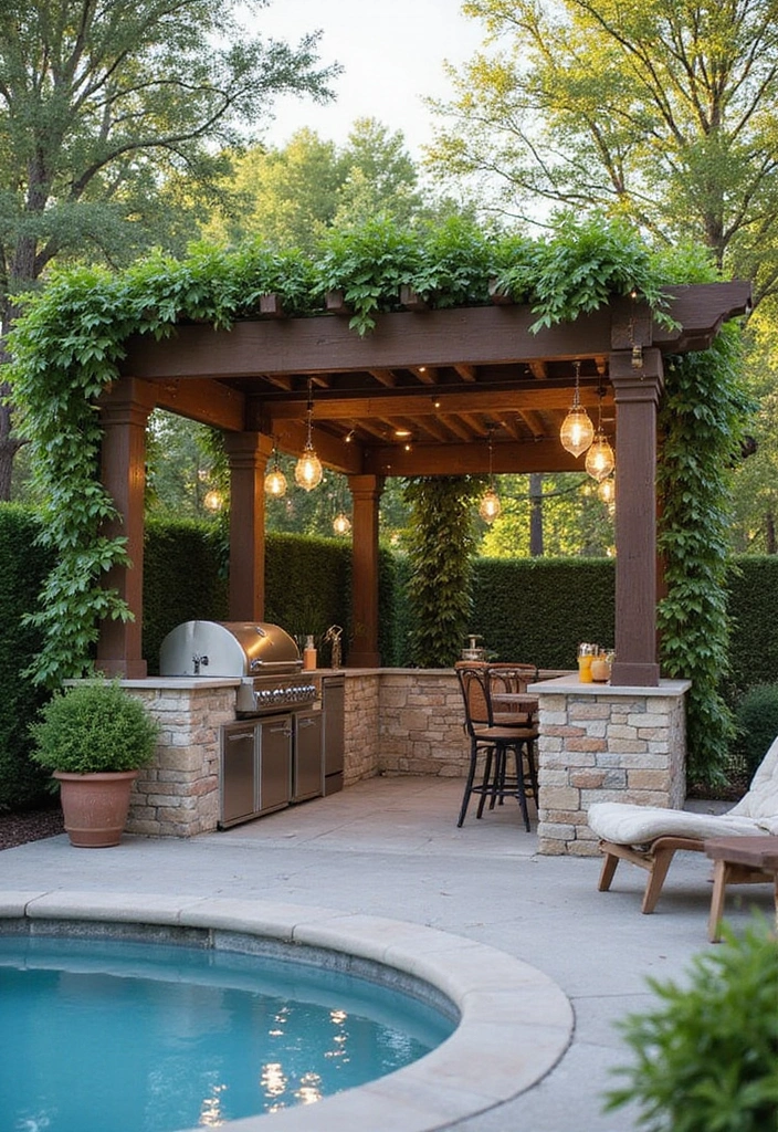 16 Genius Small Outdoor Kitchen Ideas for Pool Areas That Maximize Fun! - 9. Versatile Pergola Retreat
