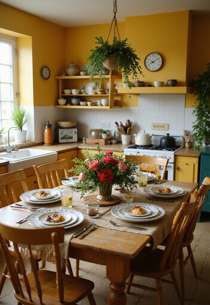 12 Vintage Yellow Farmhouse Kitchen Ideas That Will Brighten Your Home! - 11. Colorful Table Settings