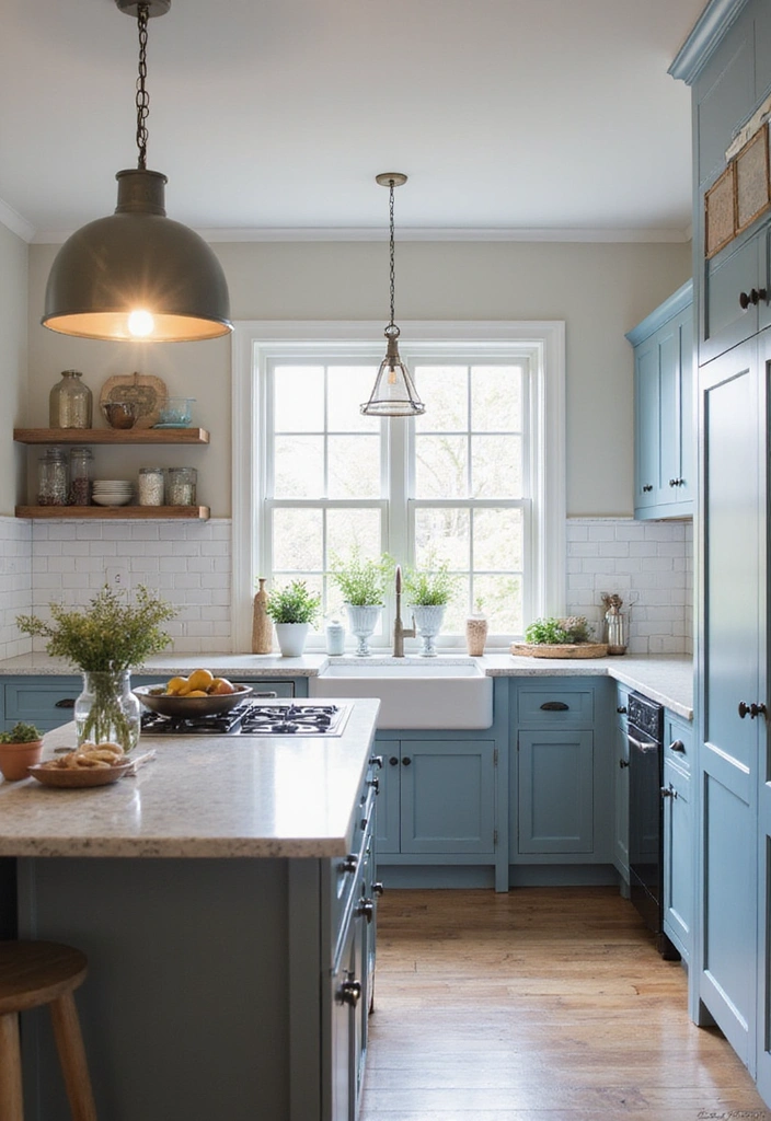 How to Infuse Modern Charm into Your Small Blue French Country Kitchen - 4. Brighten with Contemporary Lighting