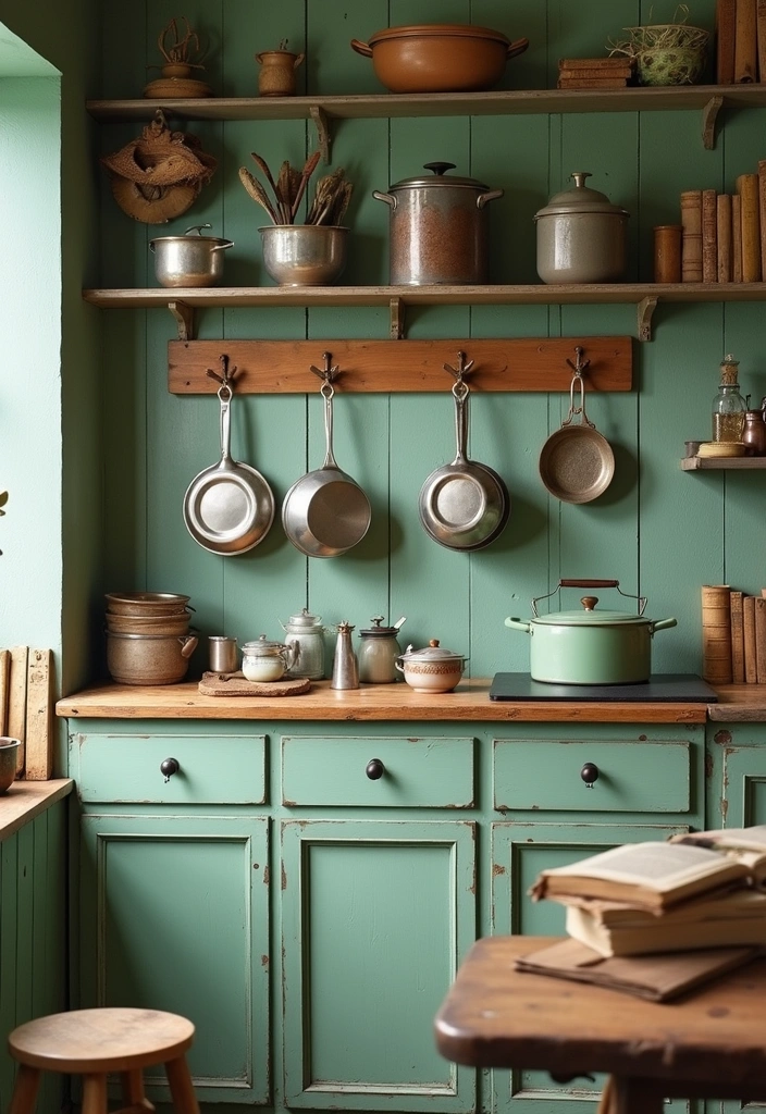 20 Vintage Sage Green Kitchen Ideas That Embody Timeless Charm! - 9. Vintage Cookware Displays